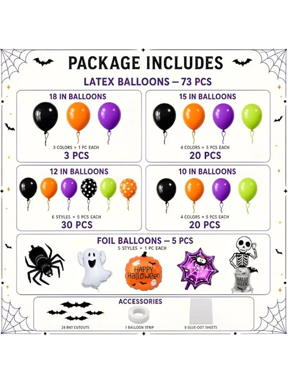 108Pcs Halloween Balloon Arch Kit with Spider Ghost Pumpkin Foil Balloons